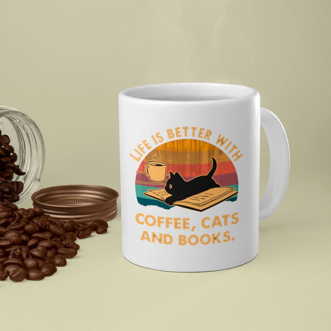 Caneca Coffee, Cats and Books