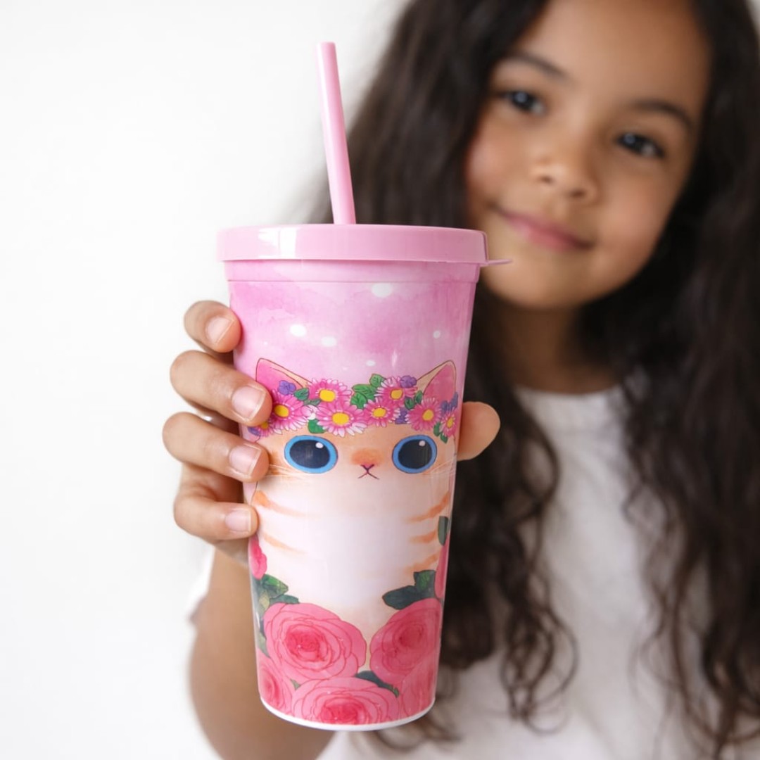 Copo plastico com canudo gata Primavera