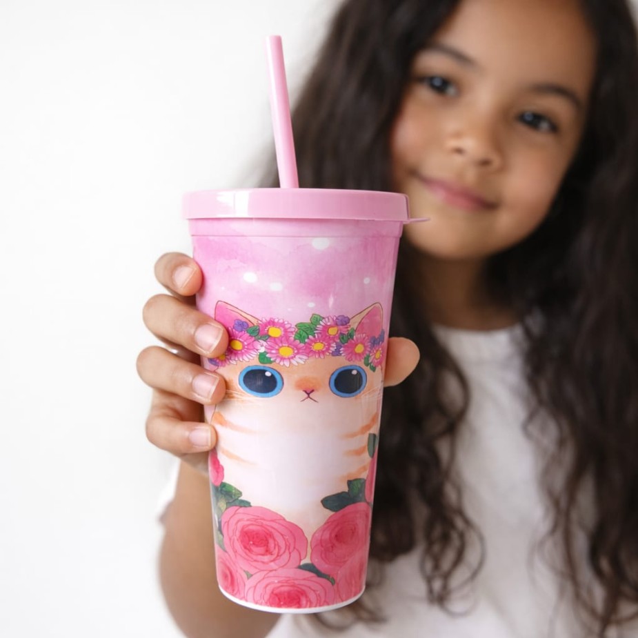 Copo plastico com canudo gata Primavera