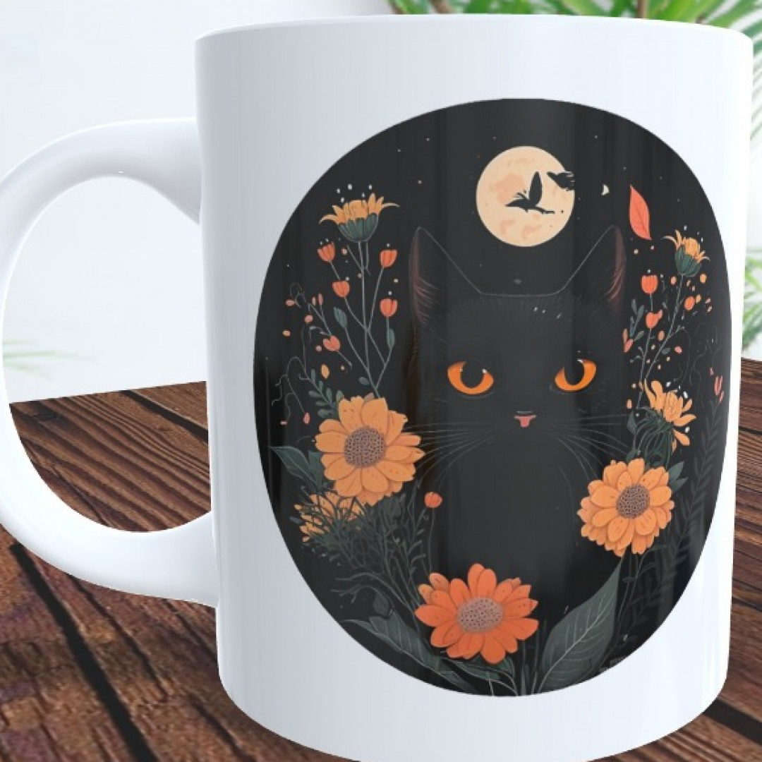 Caneca Gato Preto e Flores