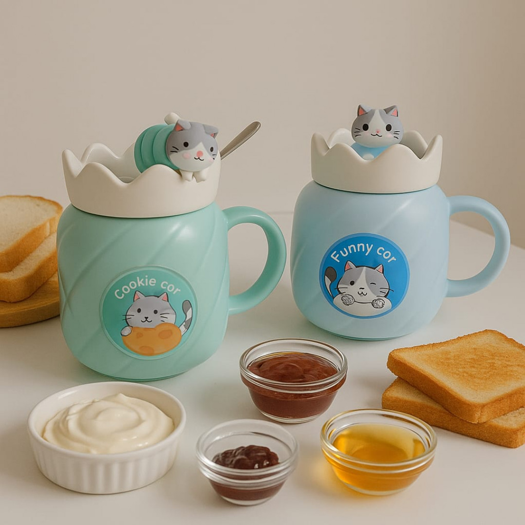 Caneca Azul Tampa + mexedor Gatinho